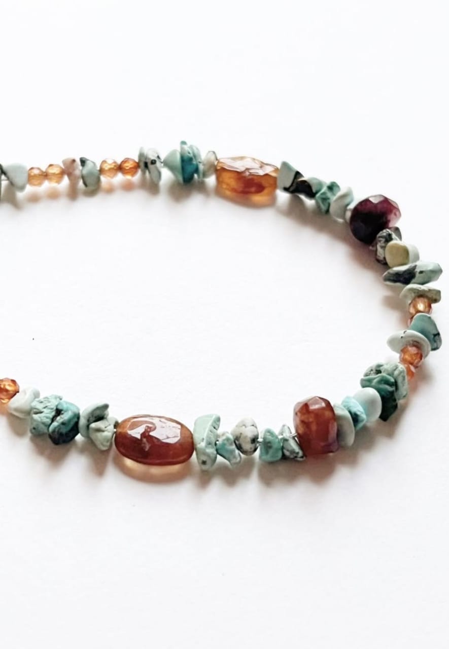 Natural Turquoise Chips, Hessonite & Brown Tourmaline Handcrafted 925 Sterling Silver Bracelet
