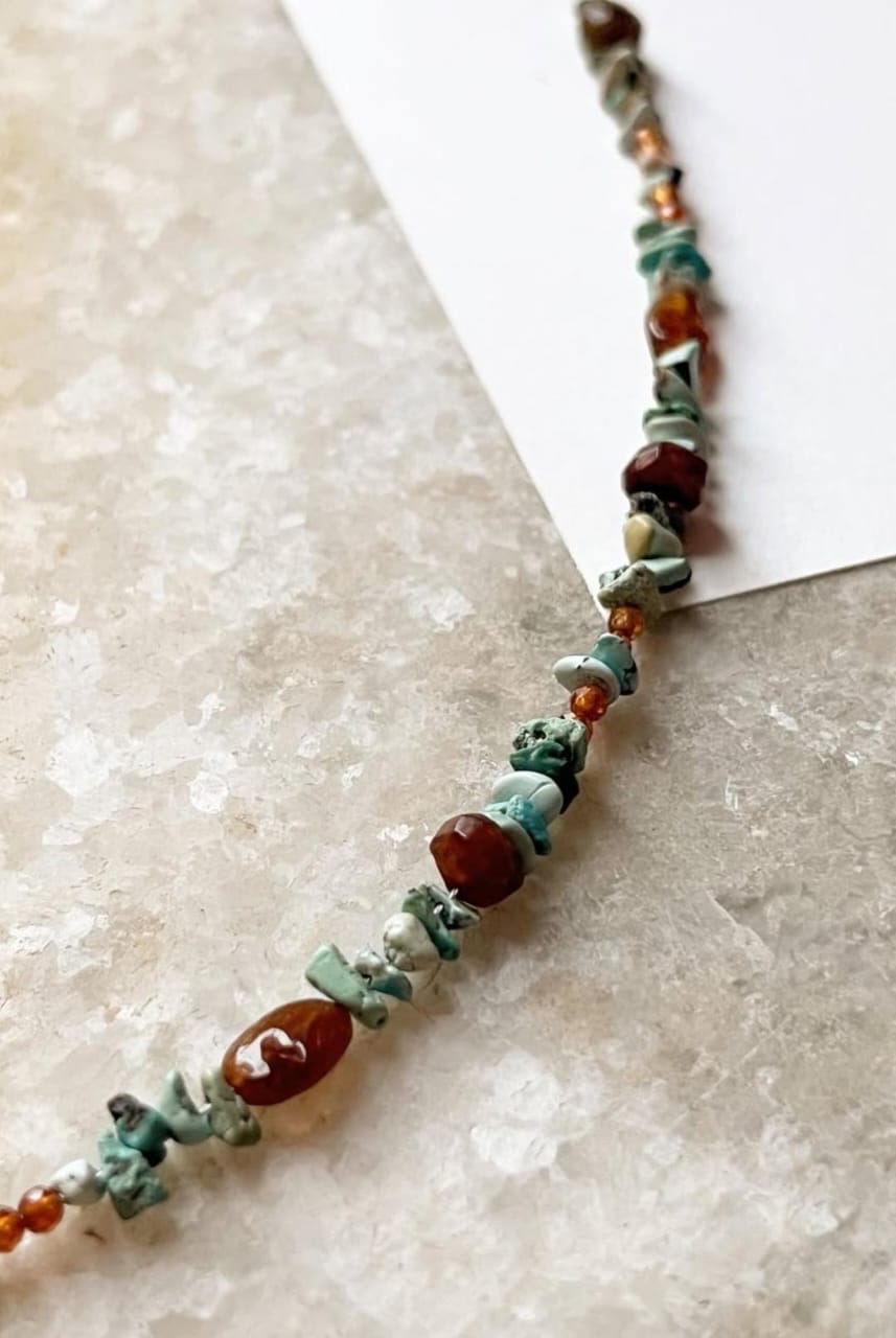 Natural Turquoise Chips, Hessonite & Brown Tourmaline Handcrafted 925 Sterling Silver Bracelet