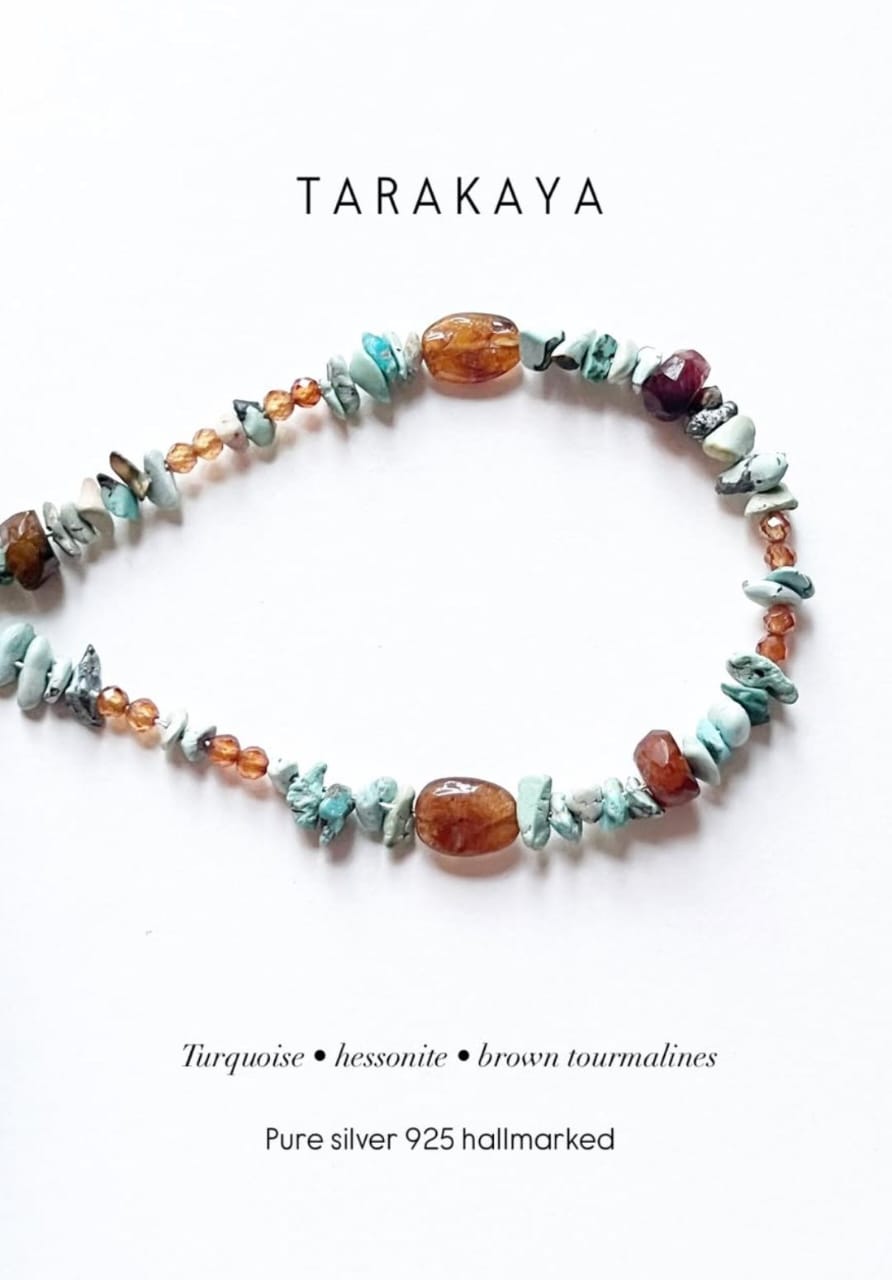 Natural Turquoise Chips, Hessonite & Brown Tourmaline Handcrafted 925 Sterling Silver Bracelet