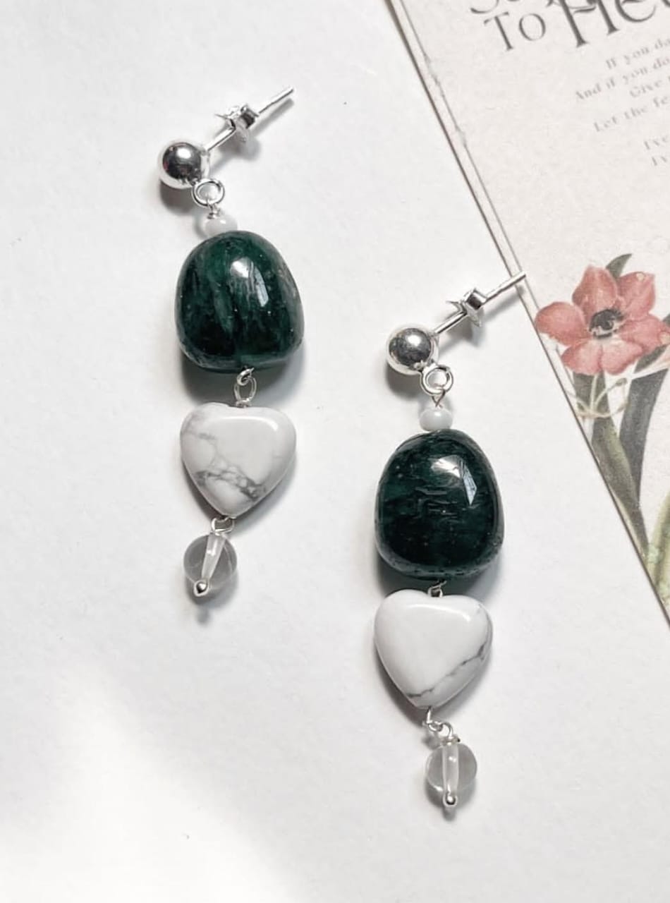 Green Aventurine, Howlite & Clear Quartz Crystal 925 Sterling Silver Earrings