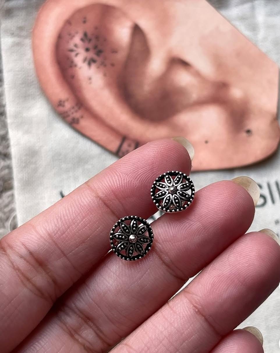 Antique Plain Oxidised Mandala Boho Studs 925 Sterling Silver Earrings