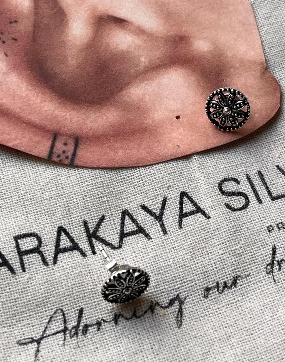 Antique Plain Oxidised Mandala Boho Studs 925 Sterling Silver Earrings