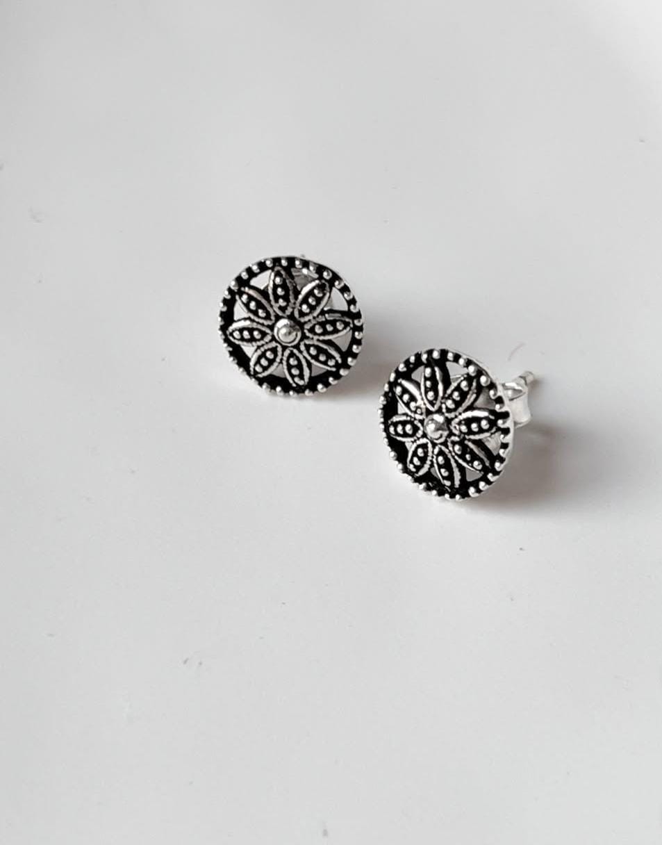 Antique Plain Oxidised Mandala Boho Studs 925 Sterling Silver Earrings