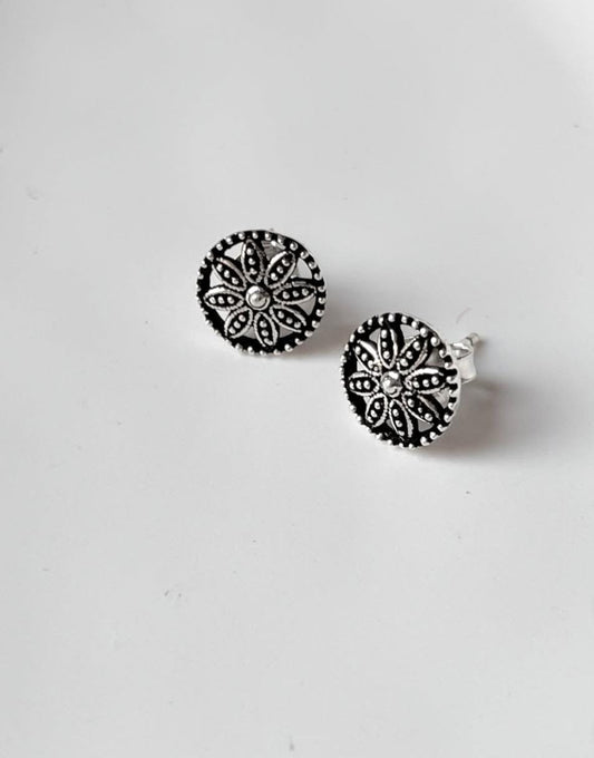 Antique Plain Oxidised Mandala Boho Studs 925 Sterling Silver Earrings