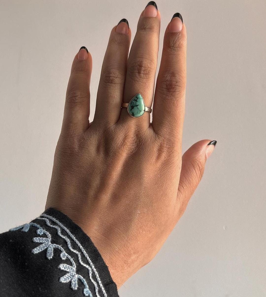 Charming Tibet turquoise pear ring in sterling silver
