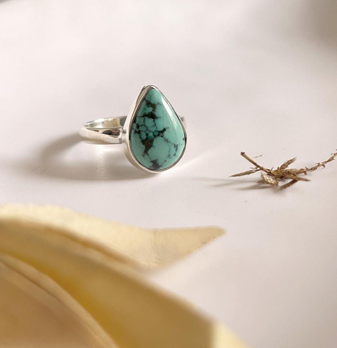 925 sterling silver Tibet turquoise pear-shaped ring