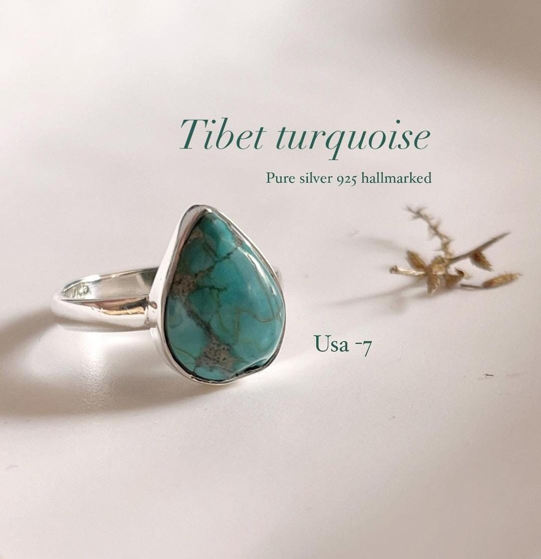Tibet turquoise pear sterling silver ring