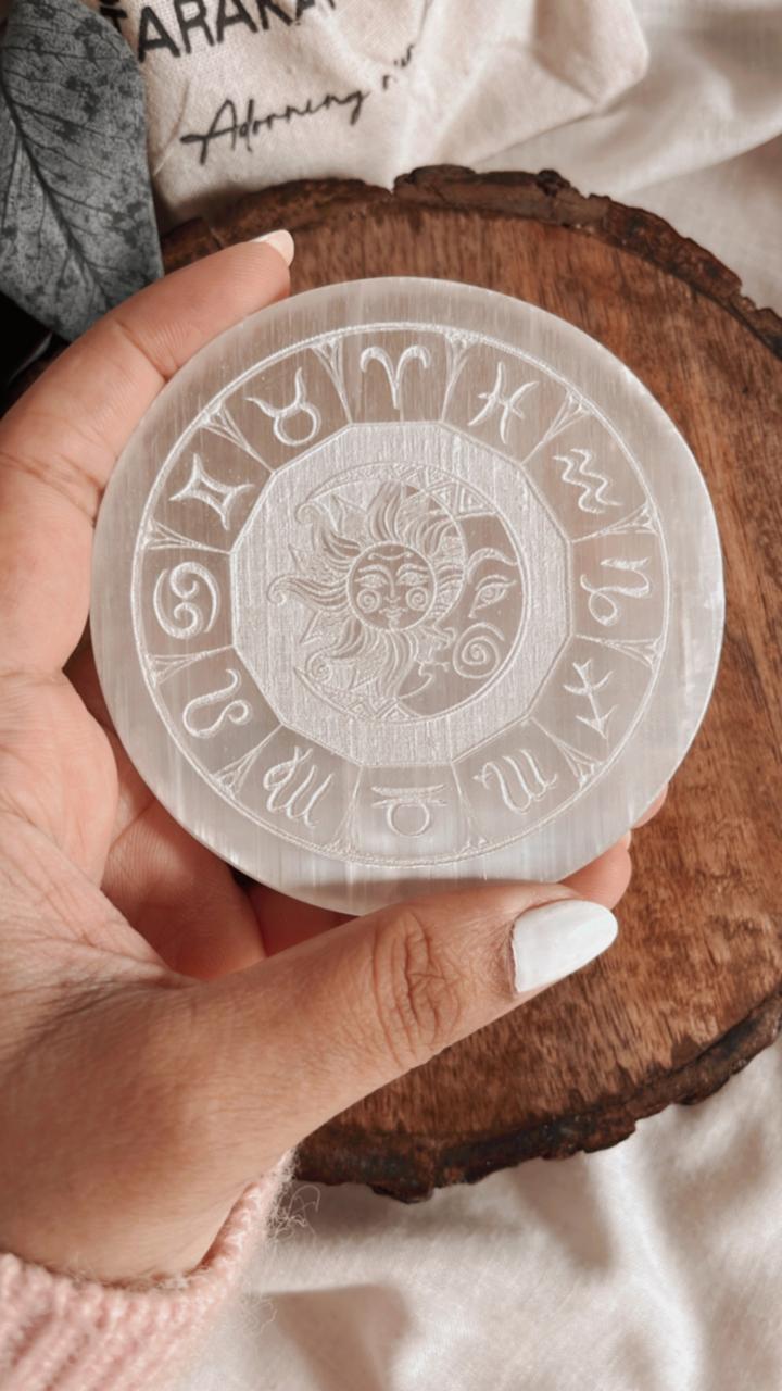 Selenite charging plate with Zodiac chart design