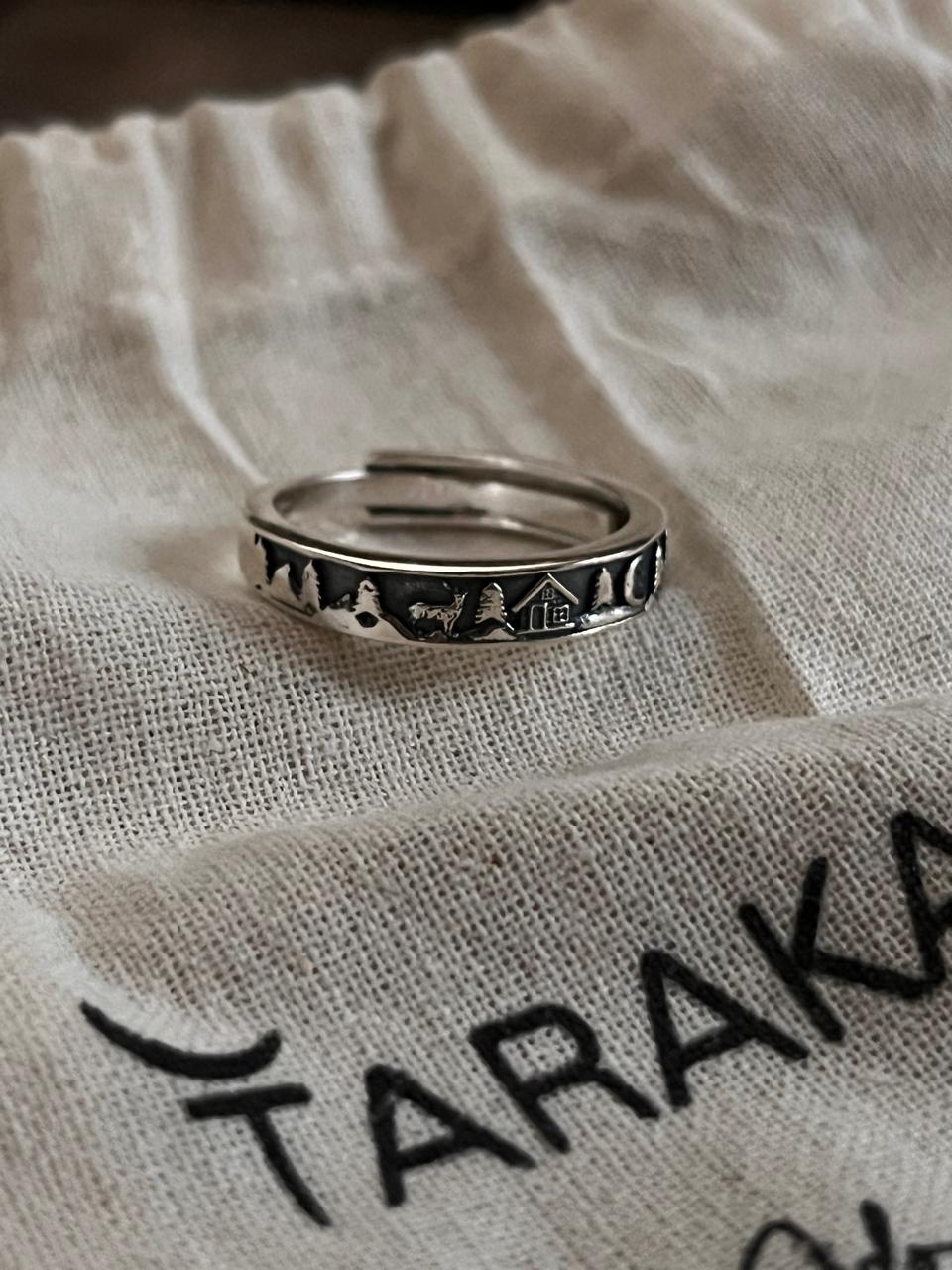 Nature and Celestial-Themed Adjustable Silver Ring with Moon and Reindeer