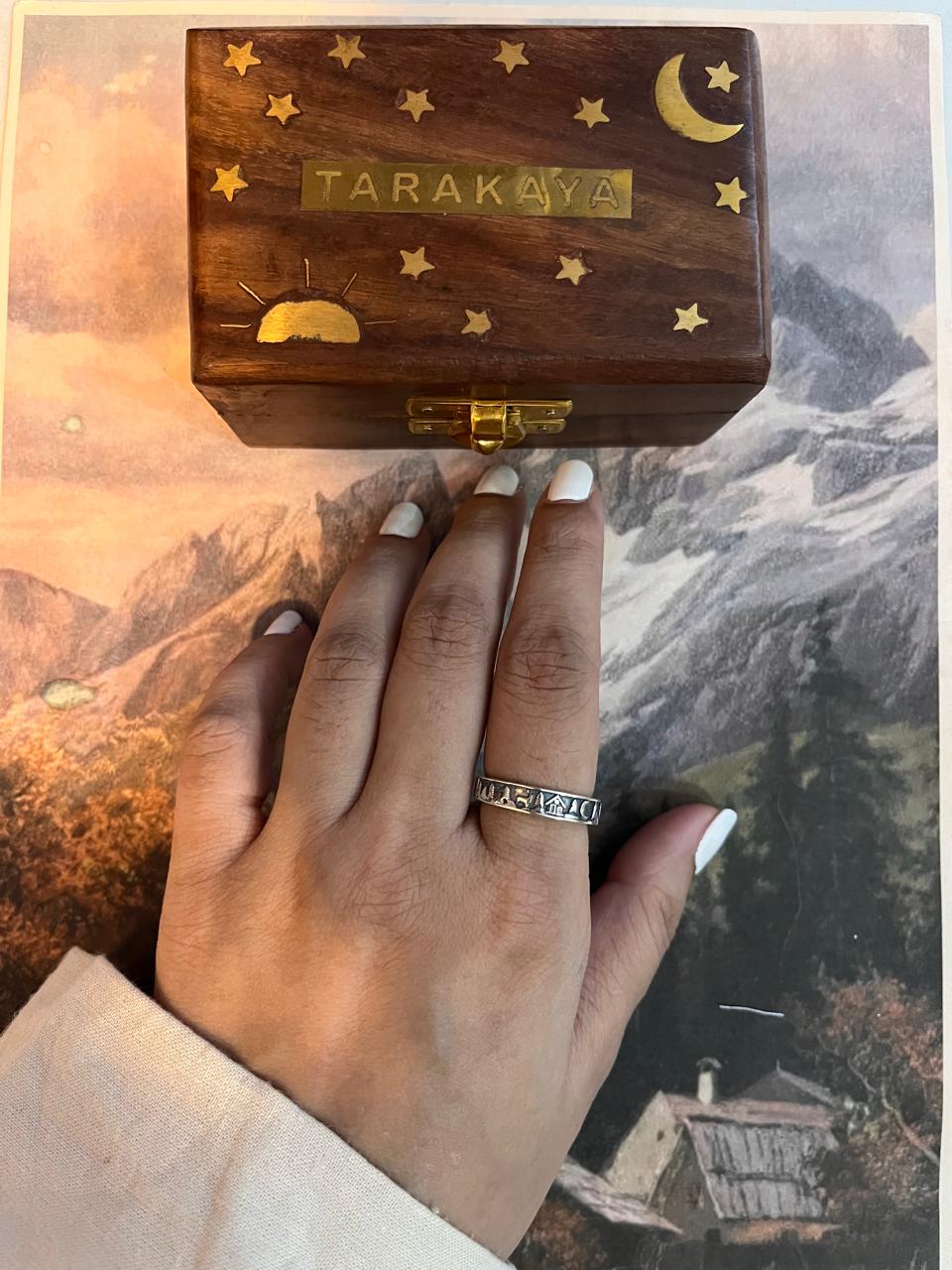 Cozy Forest and Moon Adjustable Silver Ring with Reindeer and Cottage Design