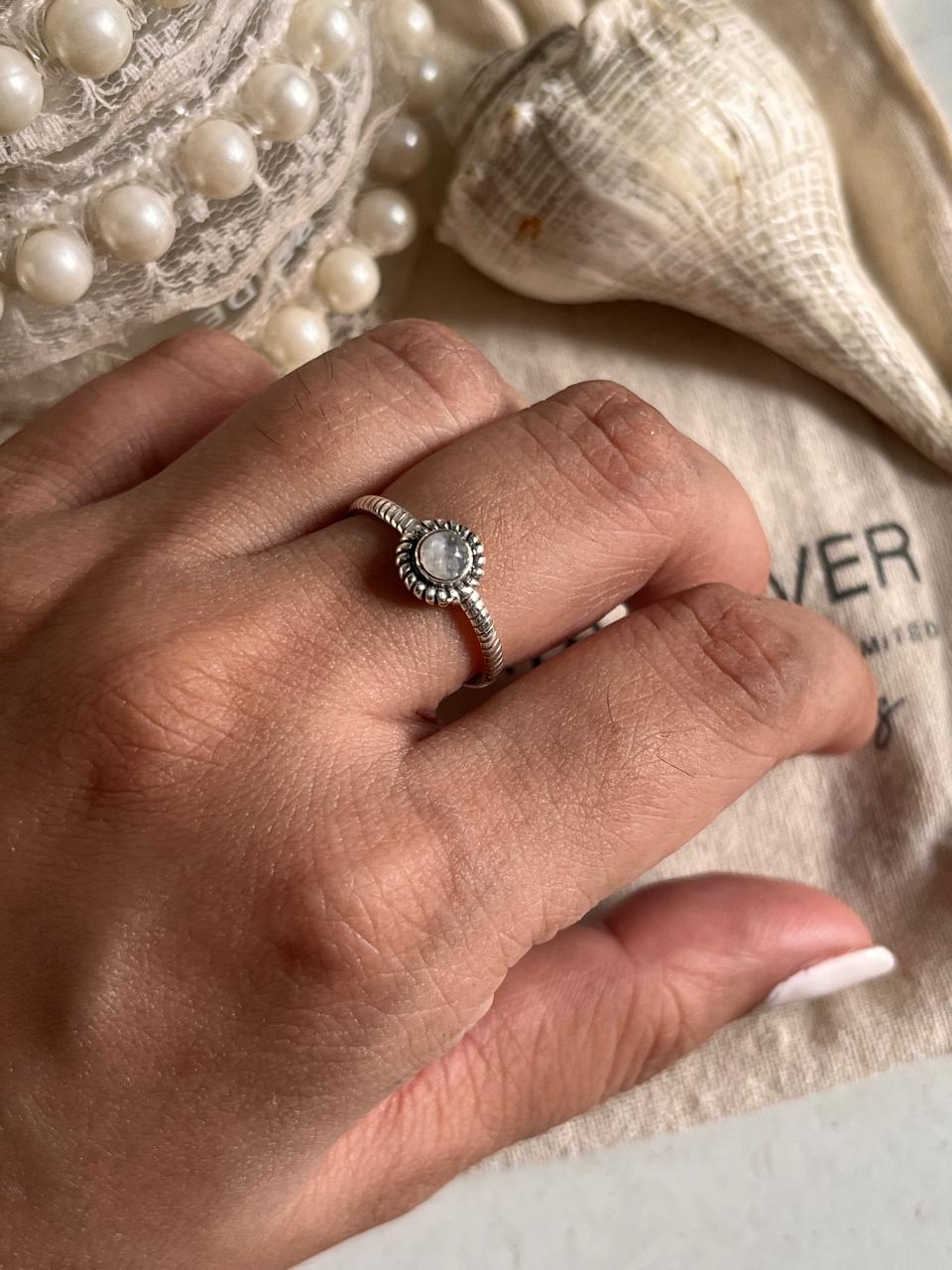 Sterling Silver 925 Moonstone Round Boho Stackable Ring