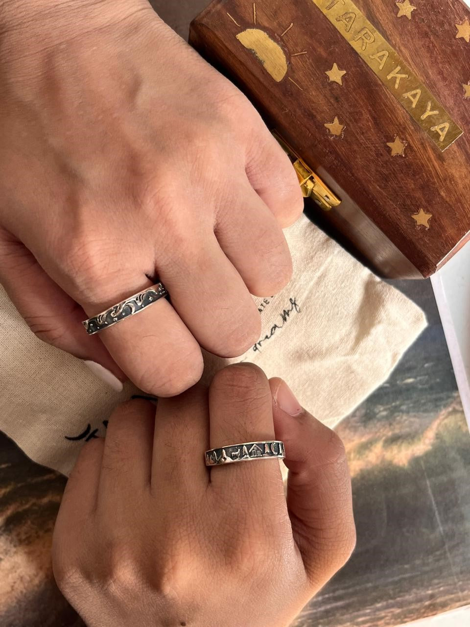 Sterling Silver Adjustable Couple Ring with Forest, Moon, Stars, and Cottage Motif