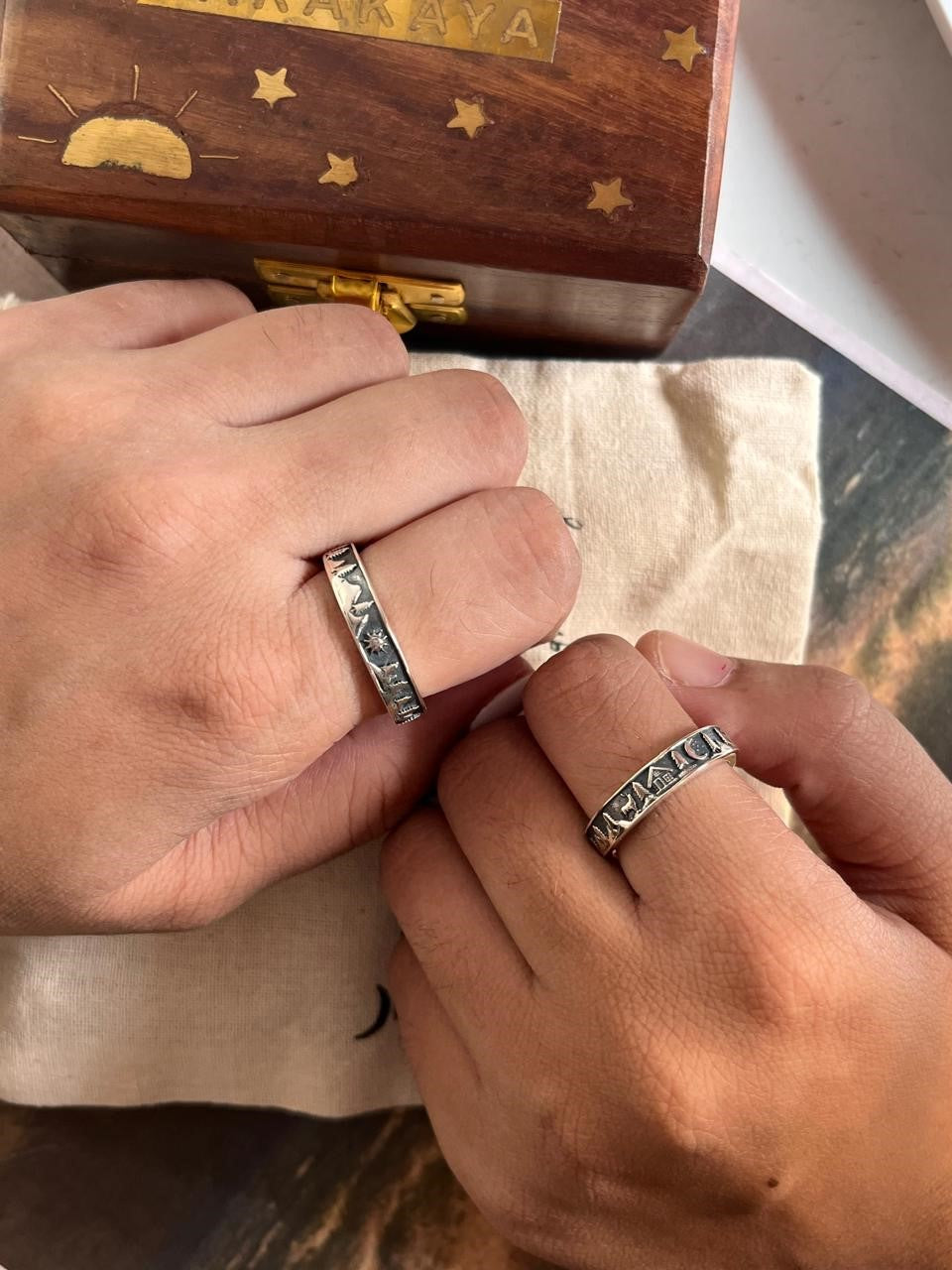 Couple Ring with Mountain, Cottage, Pine Tree, and Reindeer Symbolism