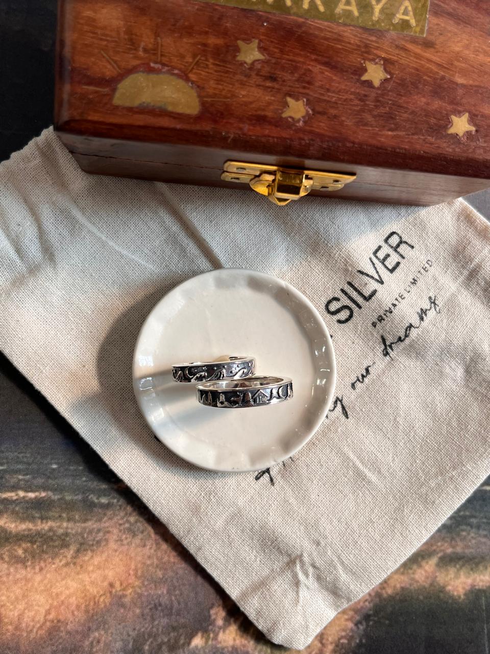 Nature-Inspired Adjustable Silver Ring for Couples with Cottage, Moon, and Stars