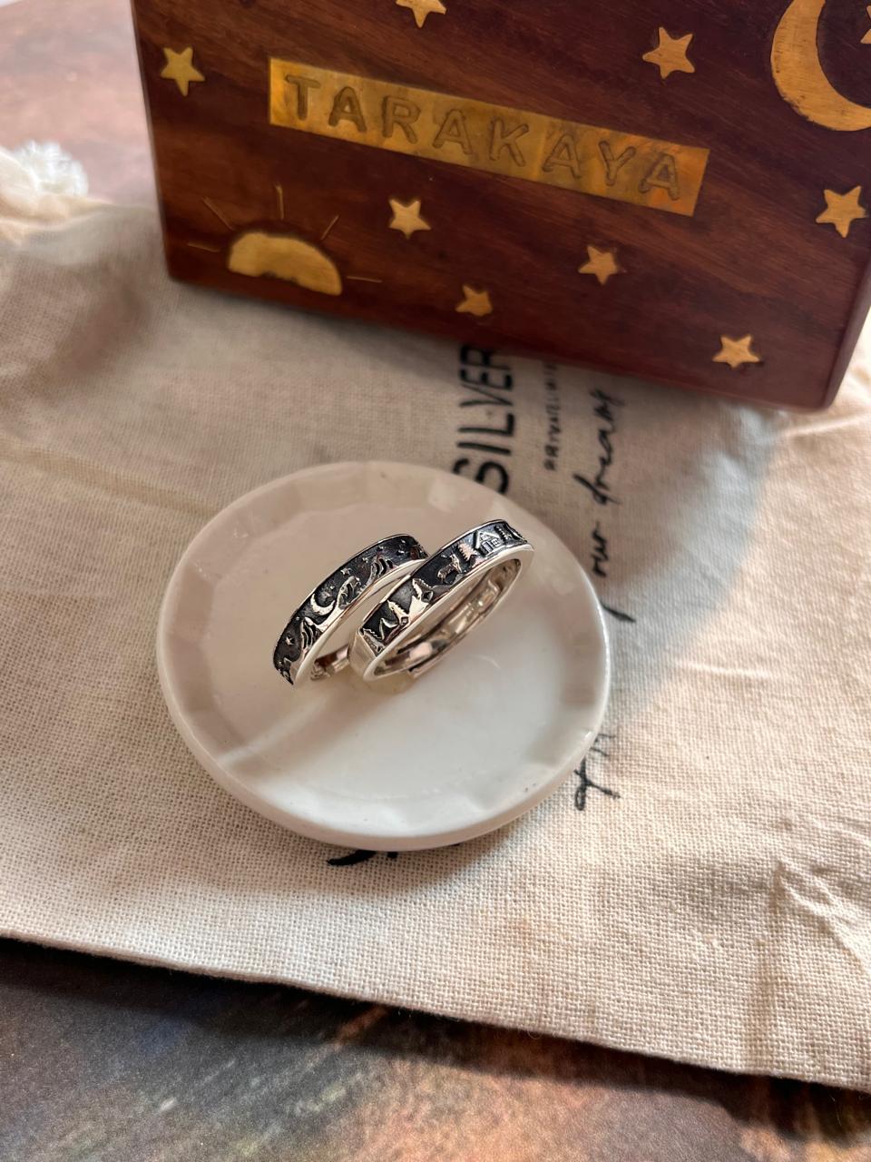 Adjustable Silver Ring for Couples with Reindeer, Moon, Cottage, and Waves