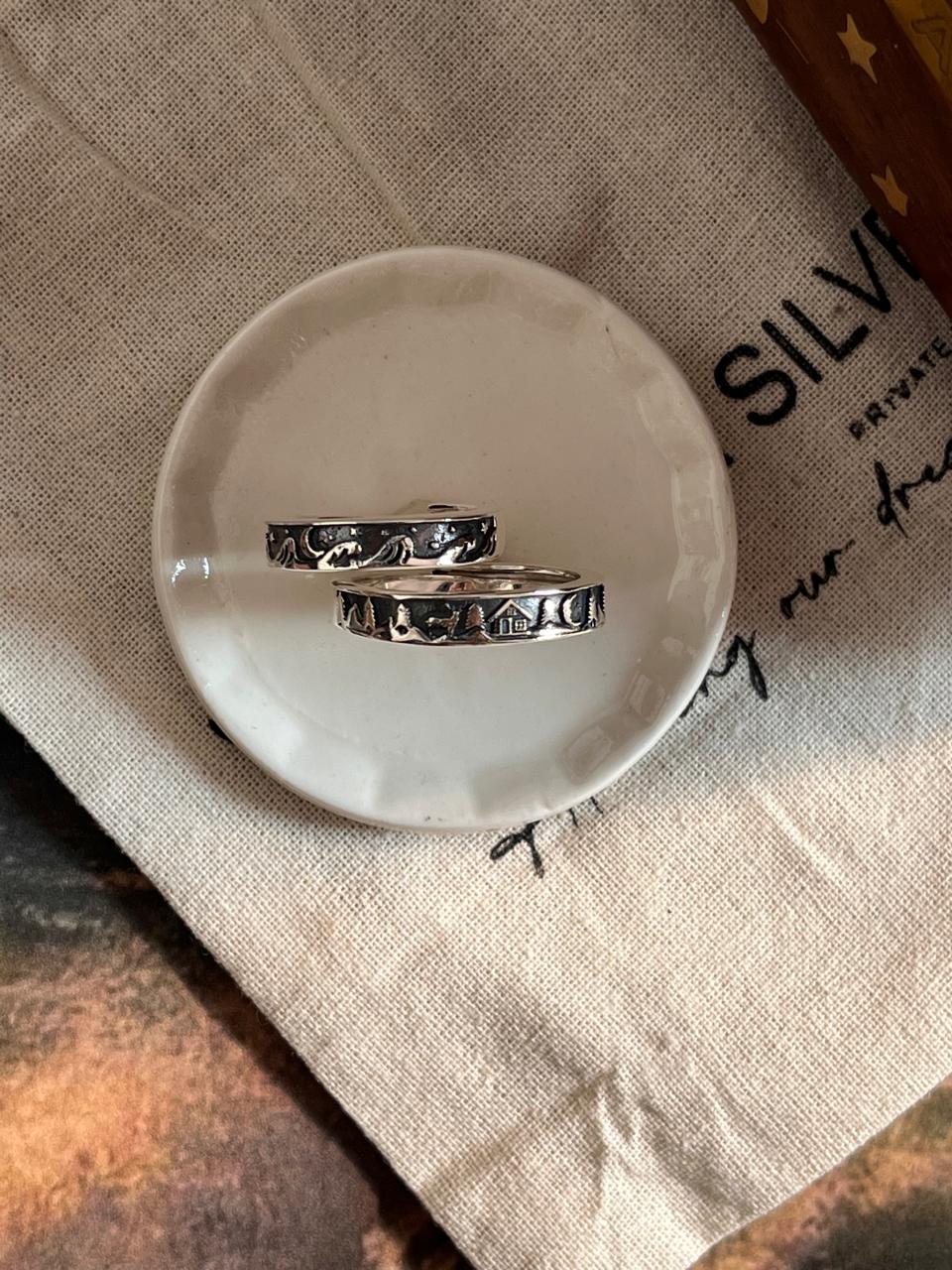 Celestial and Nature-Themed Adjustable Couple Ring with Moon, Waves, and Reindeer