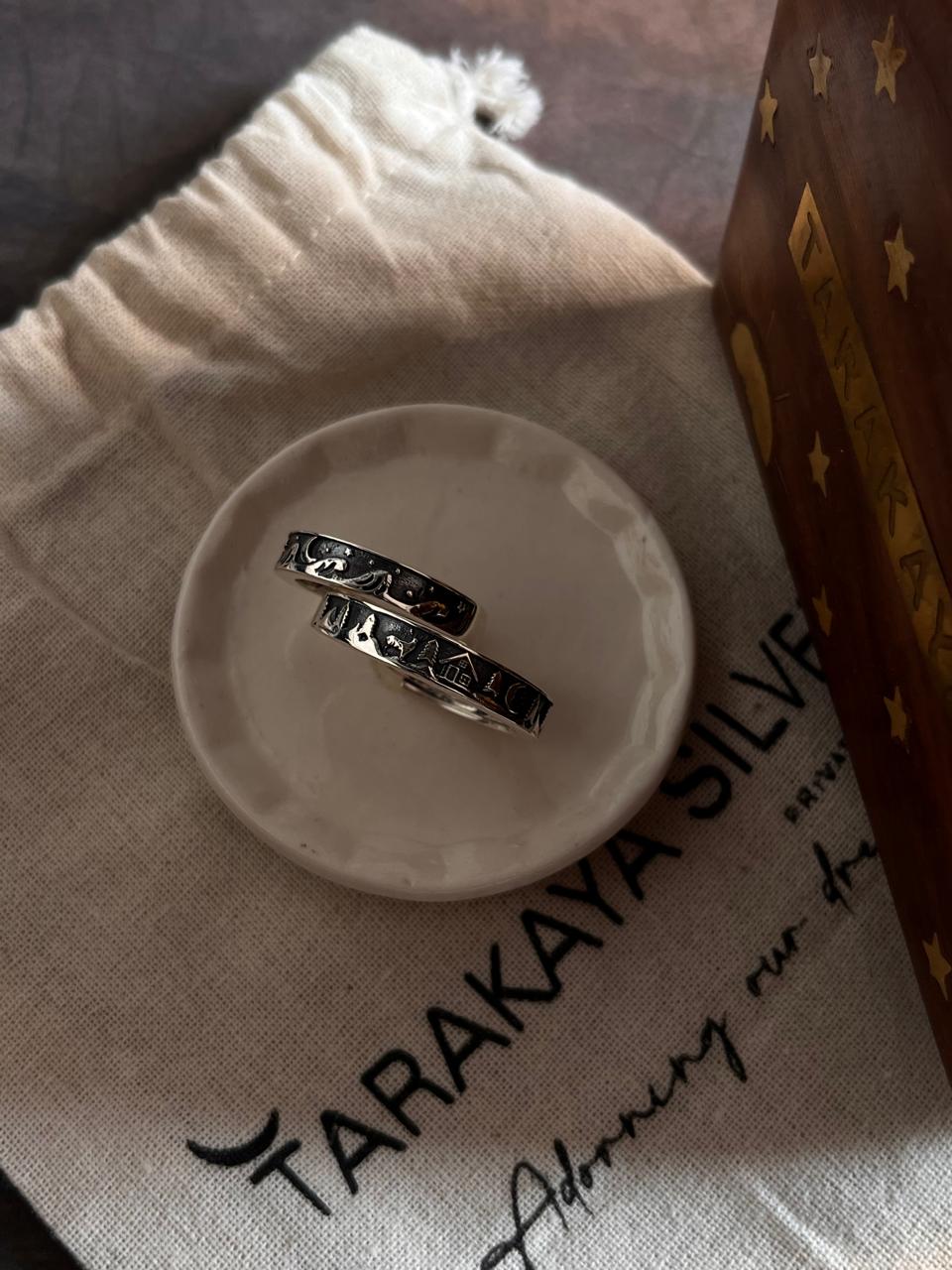 Romantic Adjustable Silver Ring with Forest and Celestial Elements for Couples