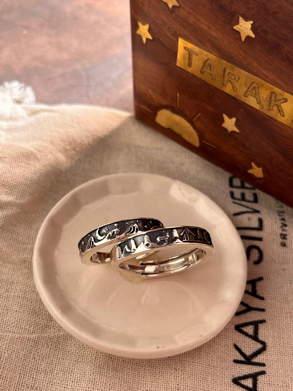 Couple Adjustable Silver Ring with Forest Reindeer, Moon, Cottage, Waves, and Stars Design