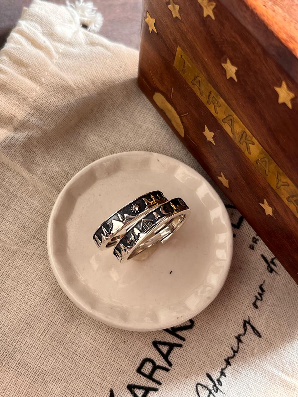 Sterling Silver Adjustable Ring with Forest Reindeer, Moon, and Cottage Design