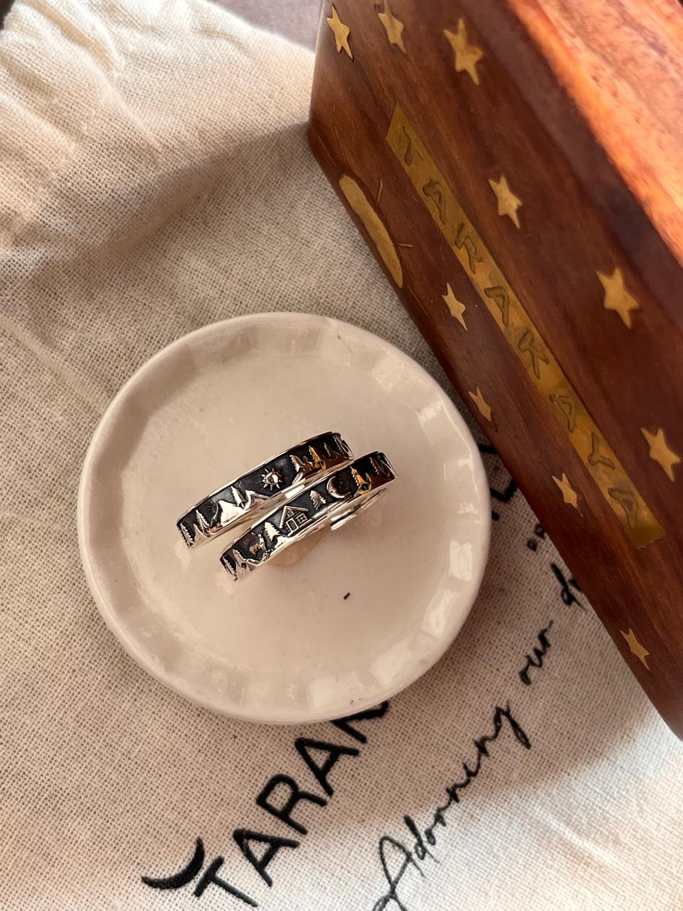Sterling Silver Couple Ring with Moon, Cottage, and Forest Design