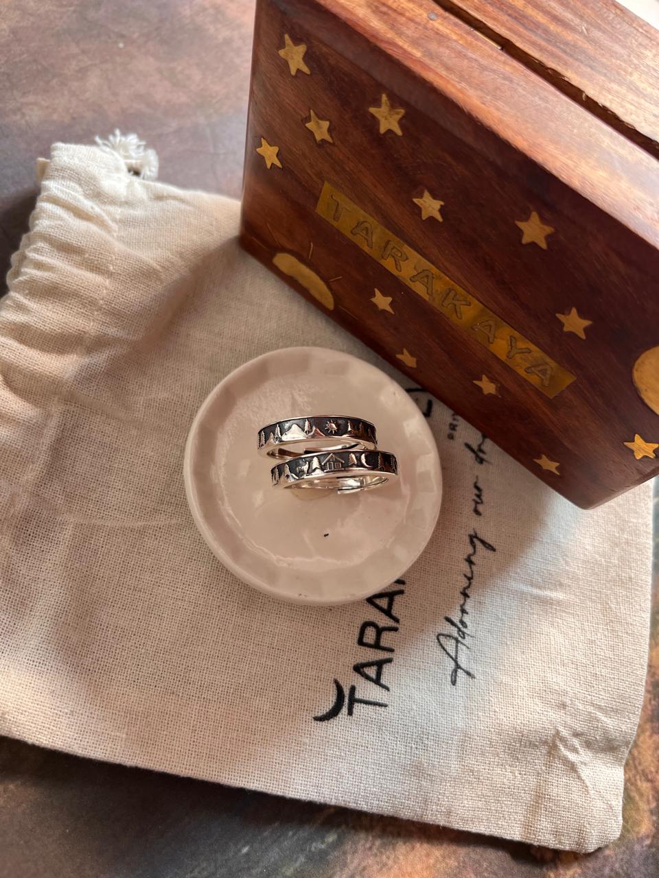 Nature-Themed Adjustable Silver Ring with Reindeer, Sun, and Moon