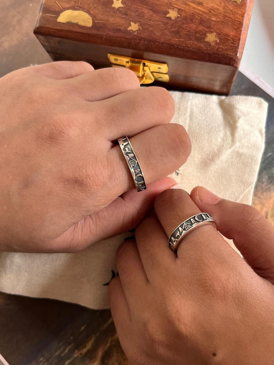 Boho-inspired couple adjustable silver ring with forest reindeer moon theme