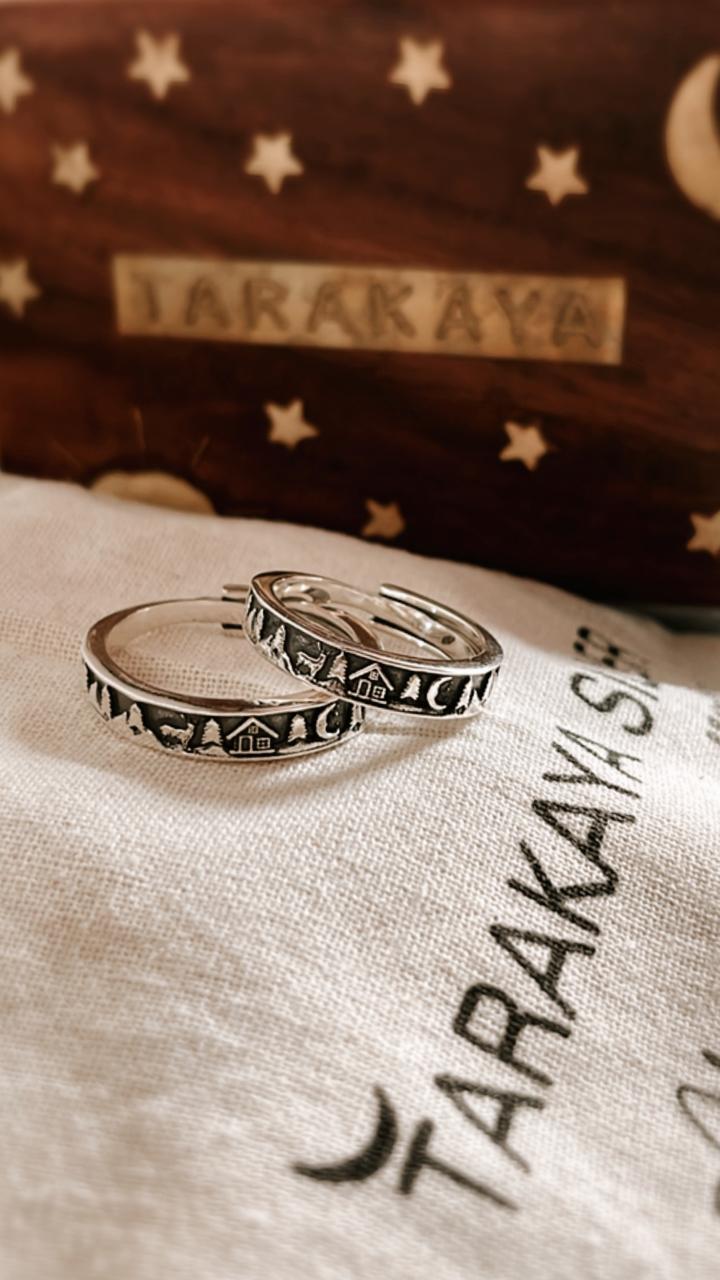 Handcrafted couple’s adjustable silver ring with forest reindeer and moon details