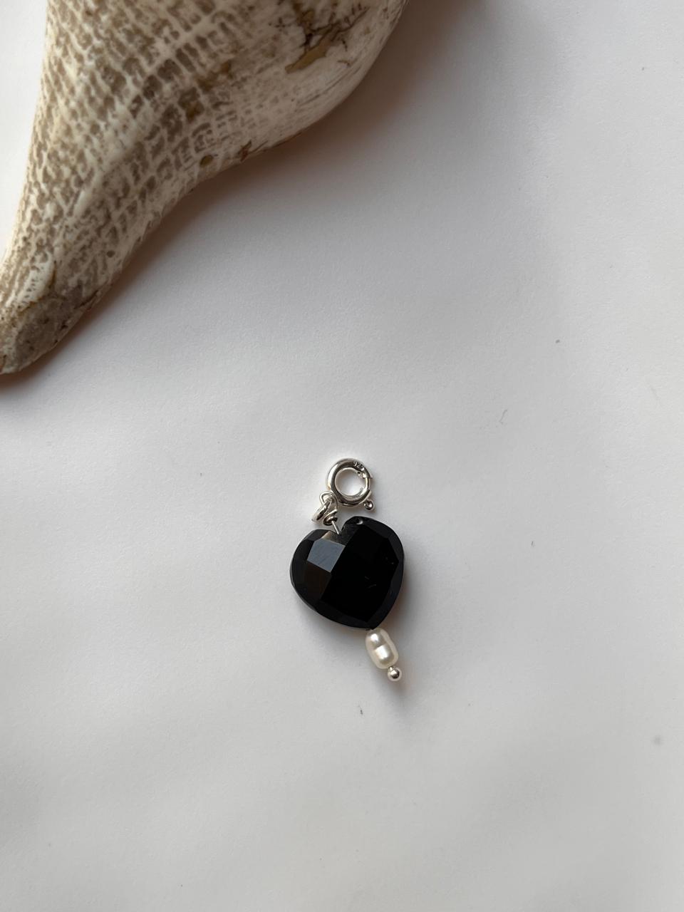Heart-Shaped Black Onyx Crystal with Pearl Charm