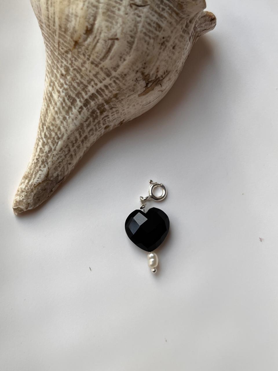 Elegant Black Onyx Heart with Pearl Crystal Pendant
