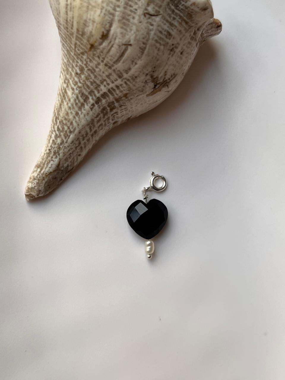 Black Onyx and Pearl Crystal Heart Charm for Jewelry