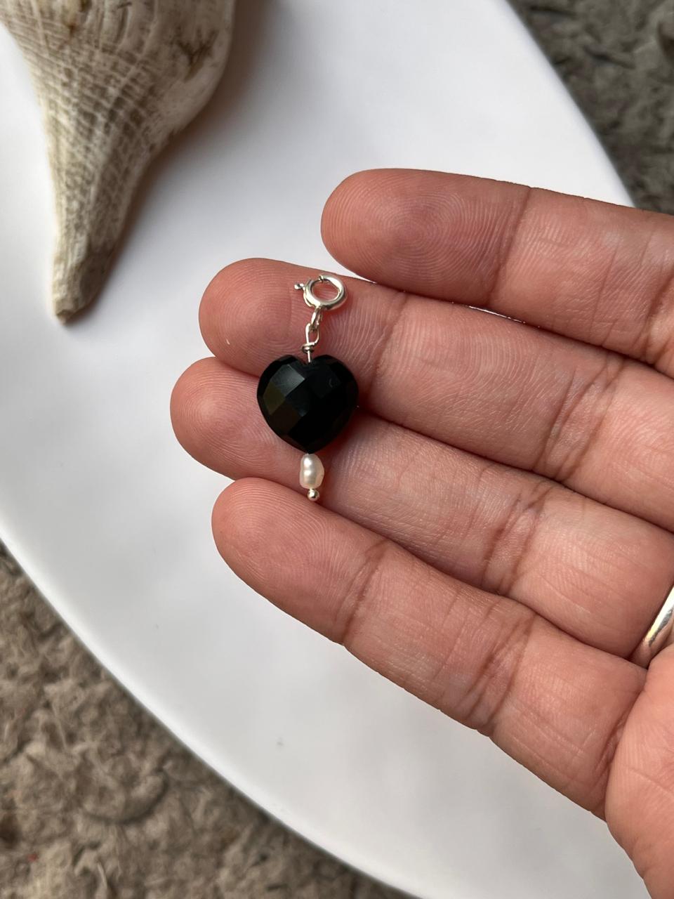 Black Onyx Heart Pendant with Freshwater Pearl Crystal