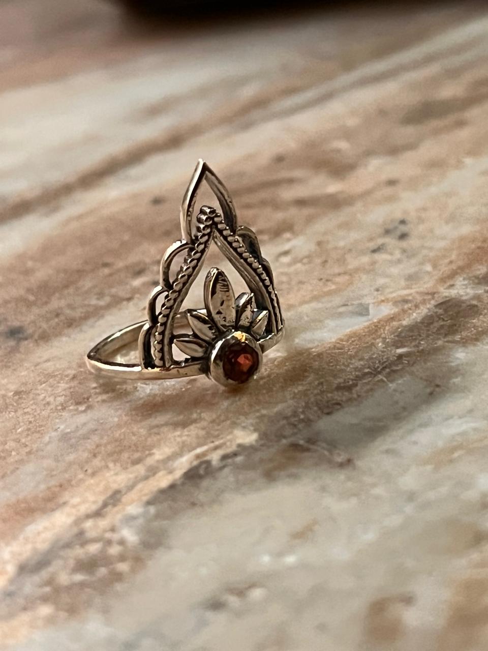 Garnet boho-inspired crown stack silver ring