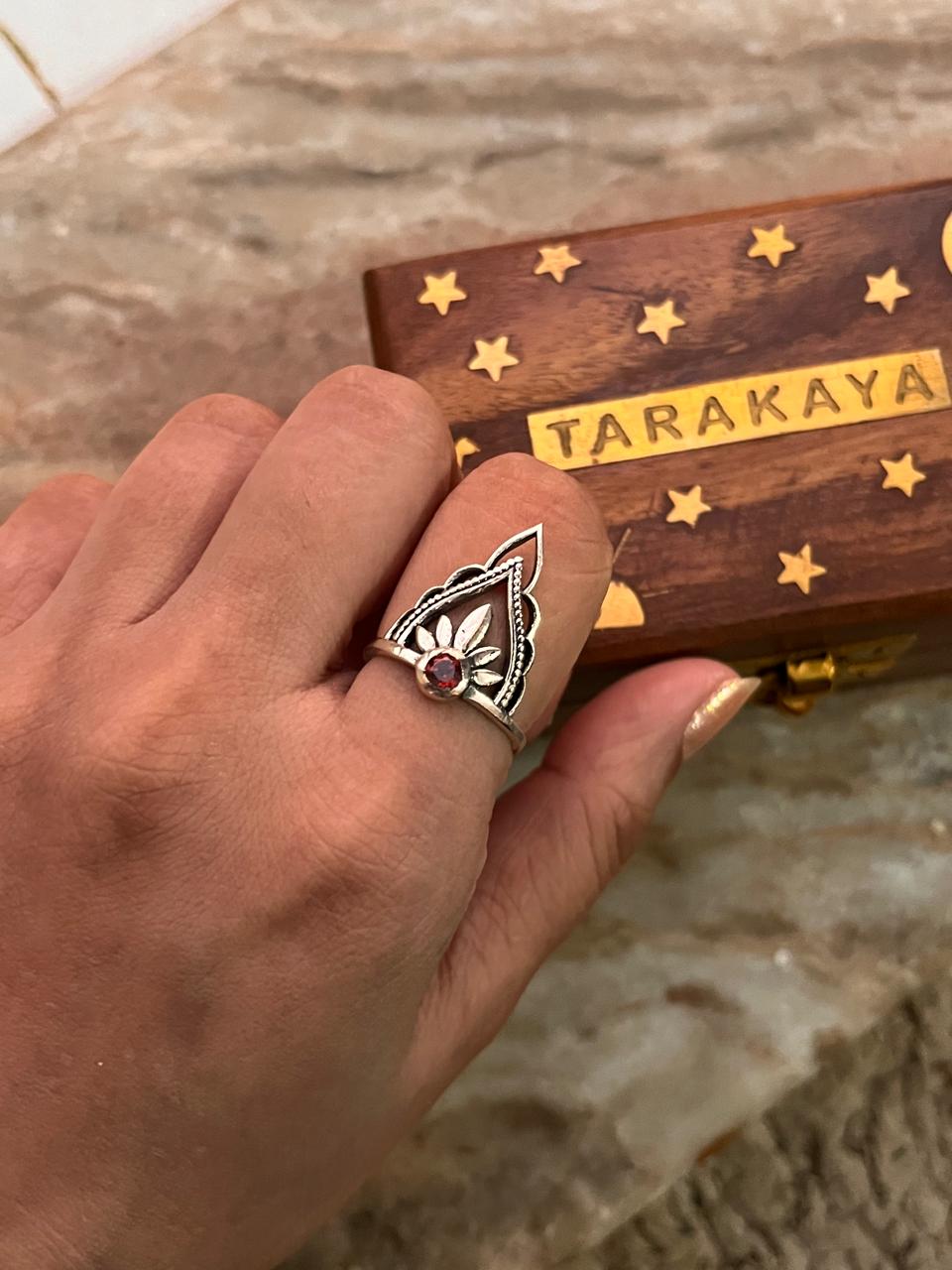 Silver bohemian crown ring with garnet gemstones