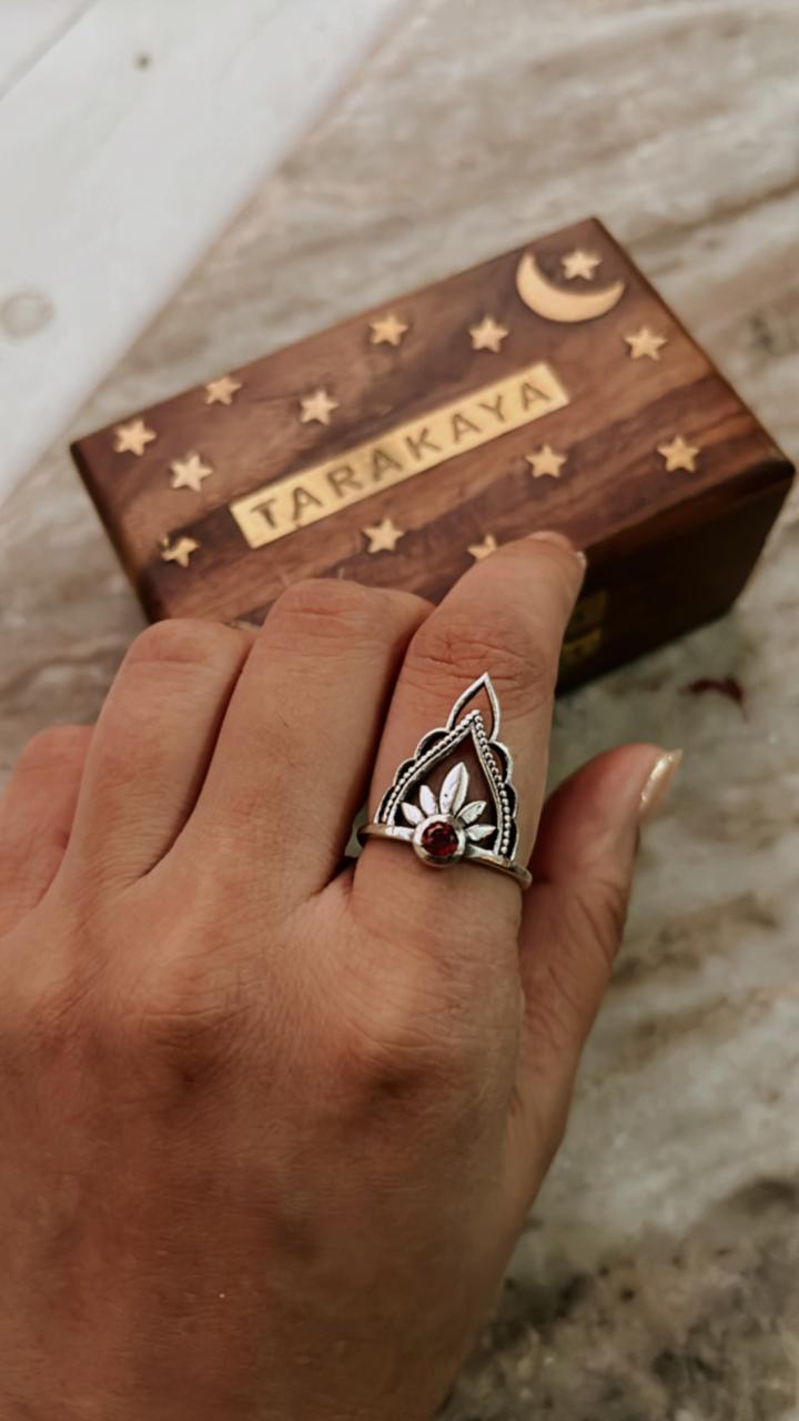 Elegant boho crown stack silver ring featuring garnet stones