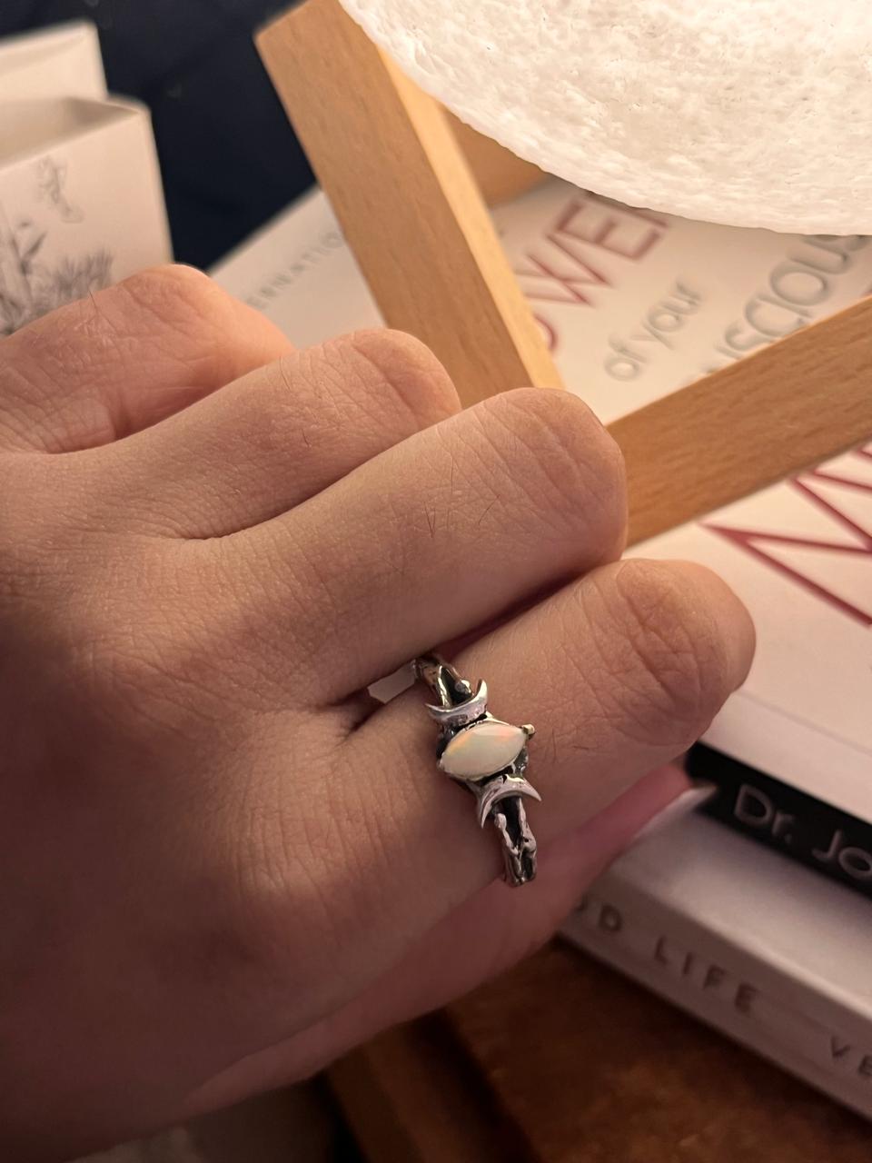 Natural Opal Moon Phases Design Silver Ring