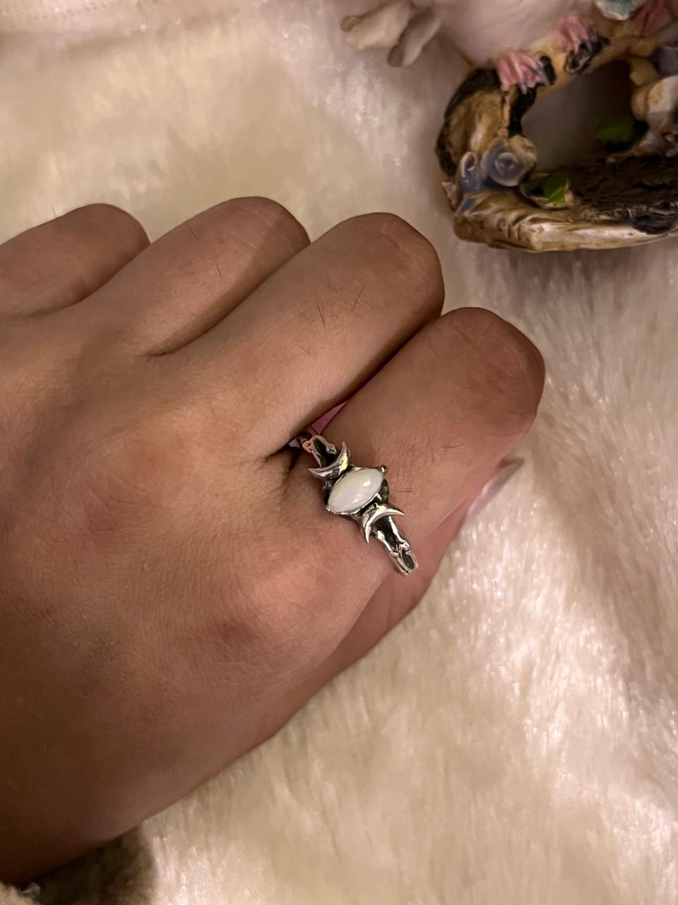 Silver Ring Featuring Natural Opal and Moon Phases