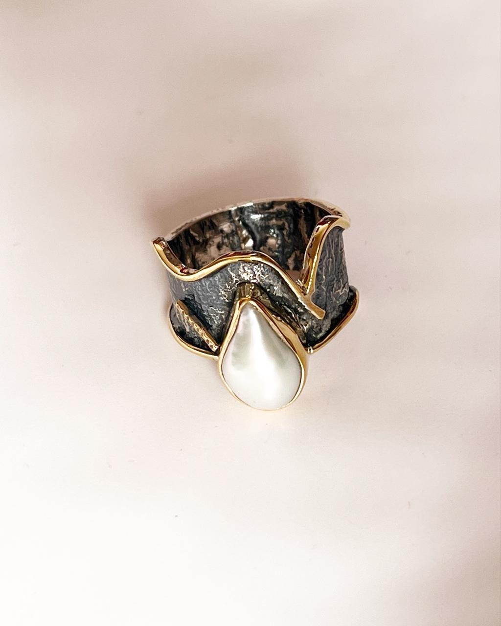 Vintage-style Baroque pearl ring with rustic sterling silver setting.