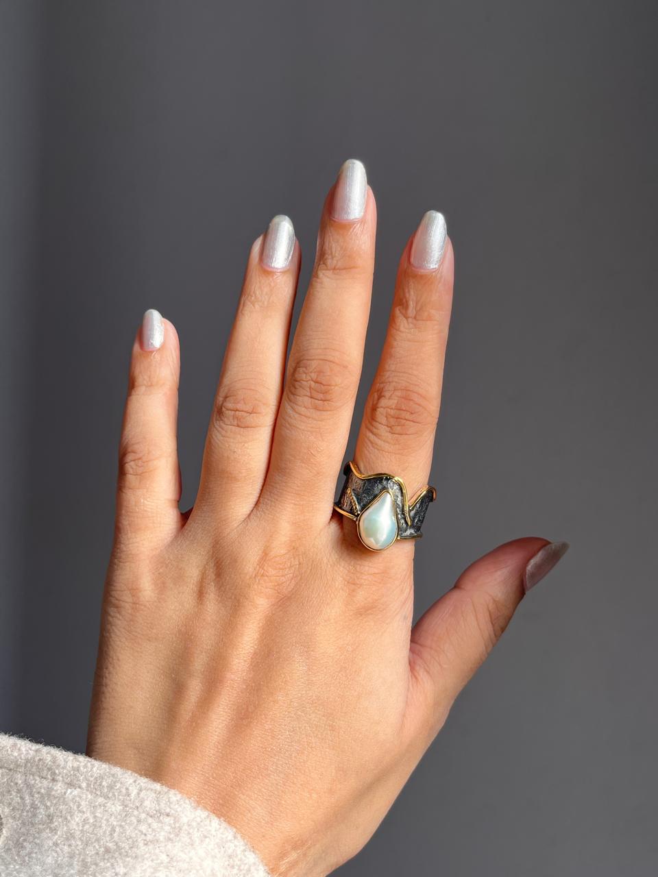 Unique Baroque pearl rustic 1 silver ring with an earthy feel.