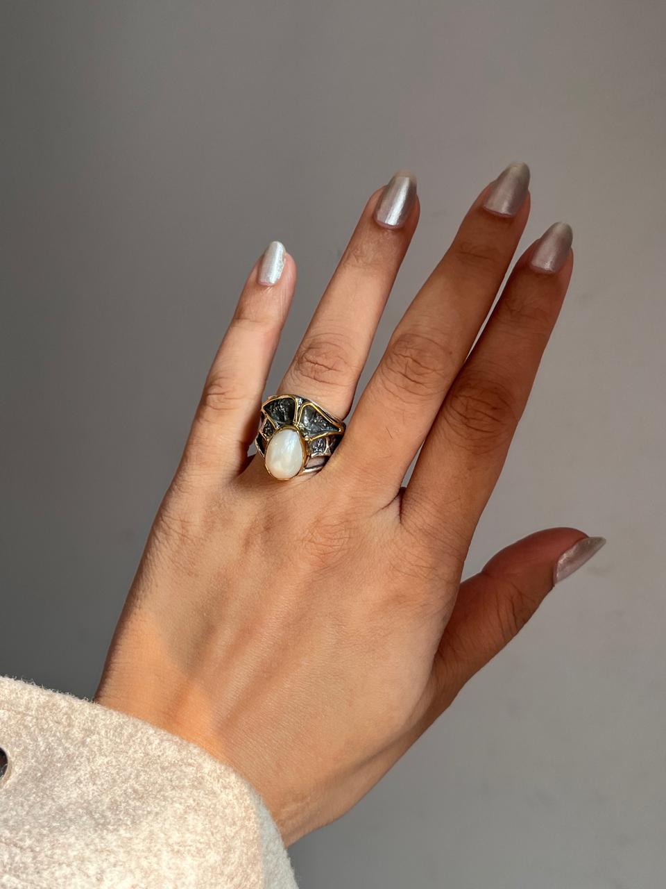 Handcrafted rustic silver ring with two Baroque pearls for a natural look.