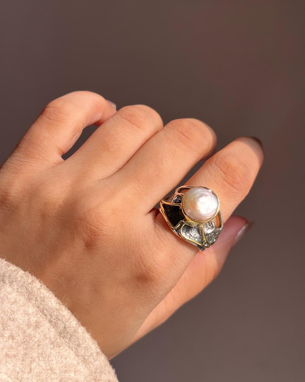 Handcrafted rustic silver ring with two Baroque pearls for a natural look.