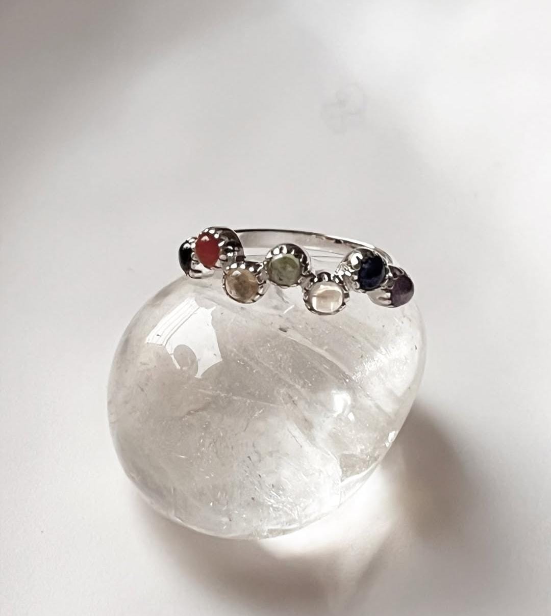 Elegant seven chakra gemstone band ring in sterling silver