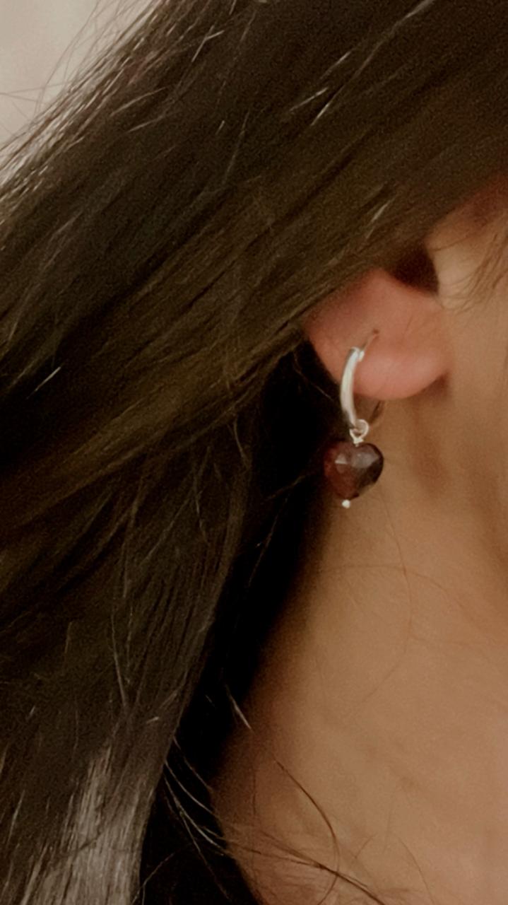 Plain Garnet Heart 925 Silver Hoops