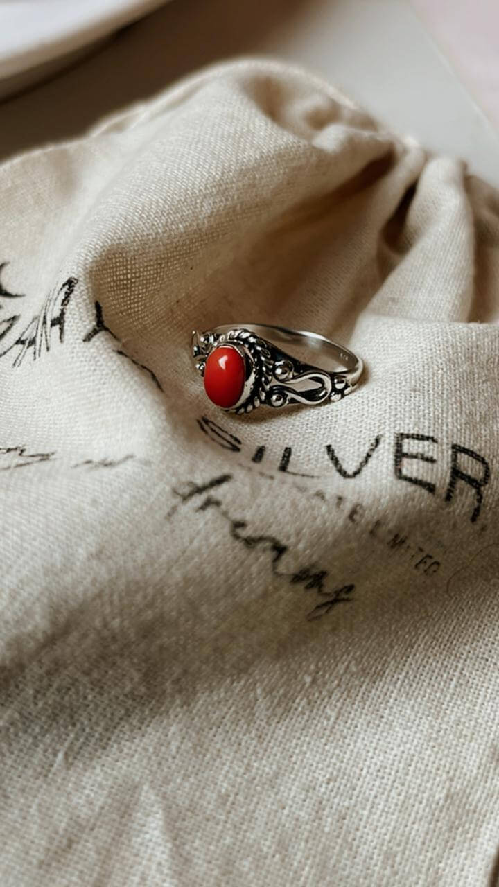 Coral Boho Oval 925 Silver Ring with vibrant red coral gemstone
