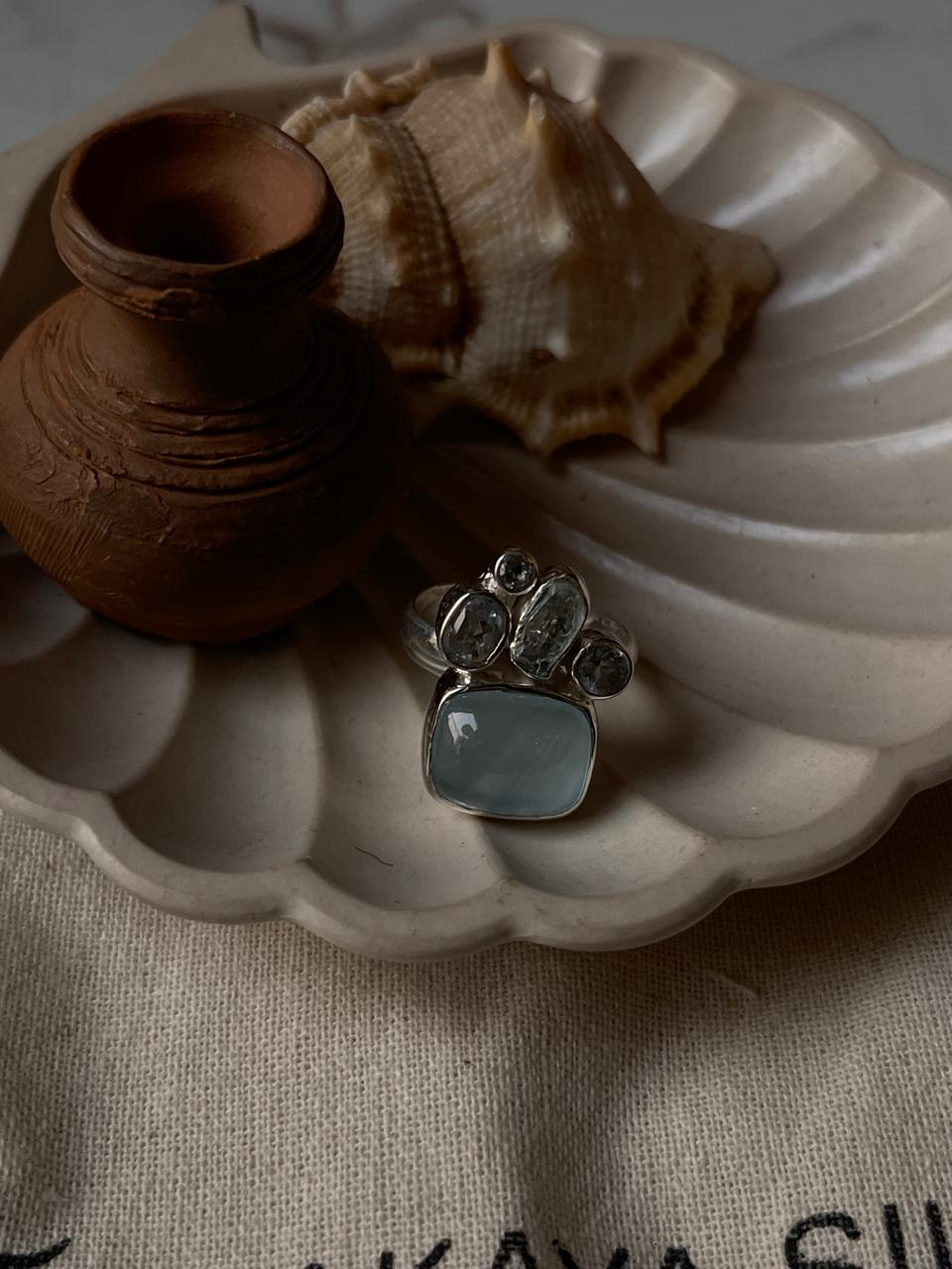 Aquamarine and blue topaz cluster design ring in 925 silver