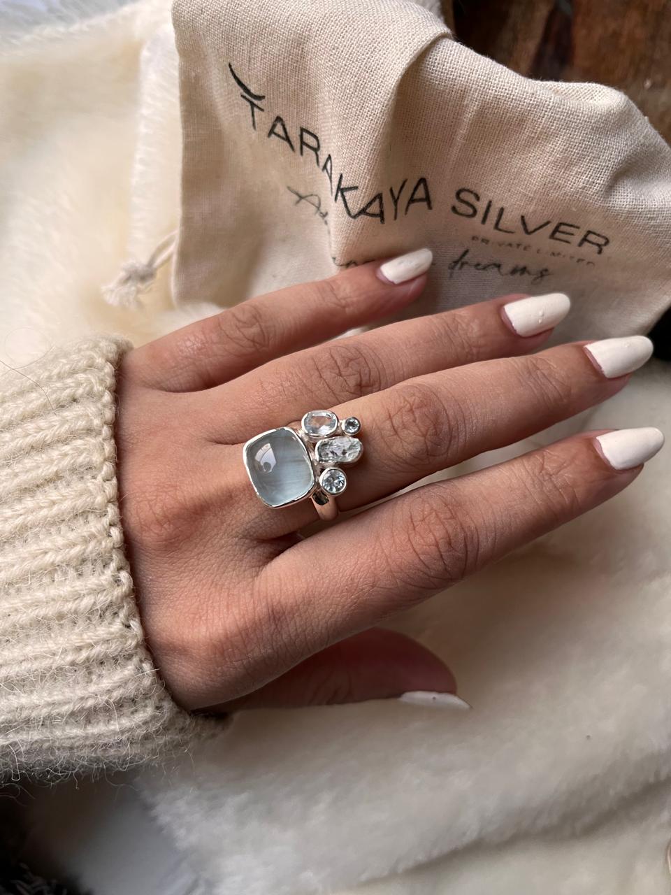 Aquamarine and blue topaz gemstone cluster ring in sterling silver