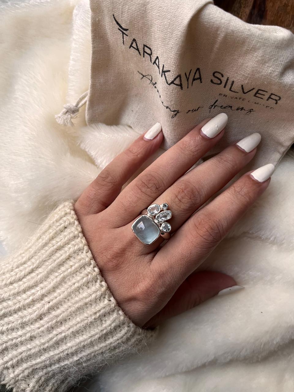 Sterling silver ring with a single aquamarine and blue topaz cluster