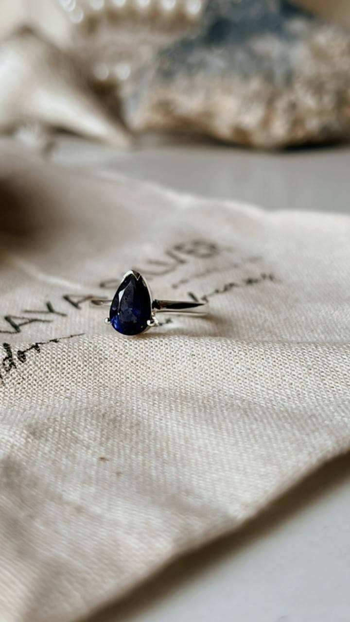 Elegant Iolite Pear Silver Ring with natural gemstone center