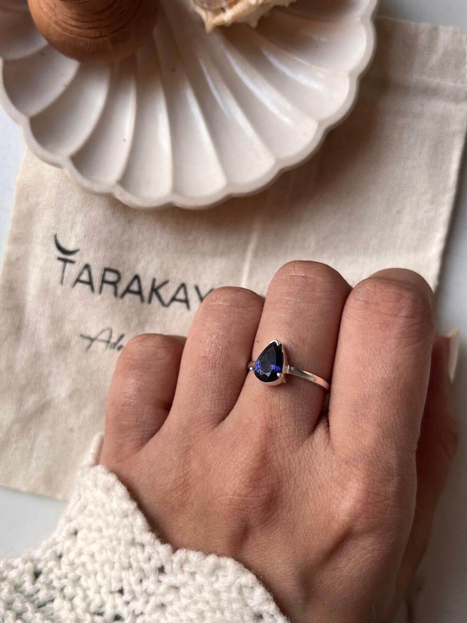 Iolite Solitaire Silver Ring with a stunning pear-cut gemstone