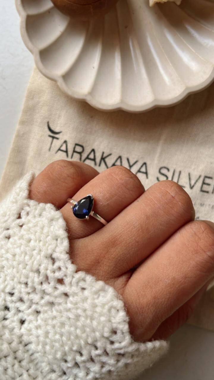 Iolite Solitaire Pear Silver Ring with sparkling gemstone