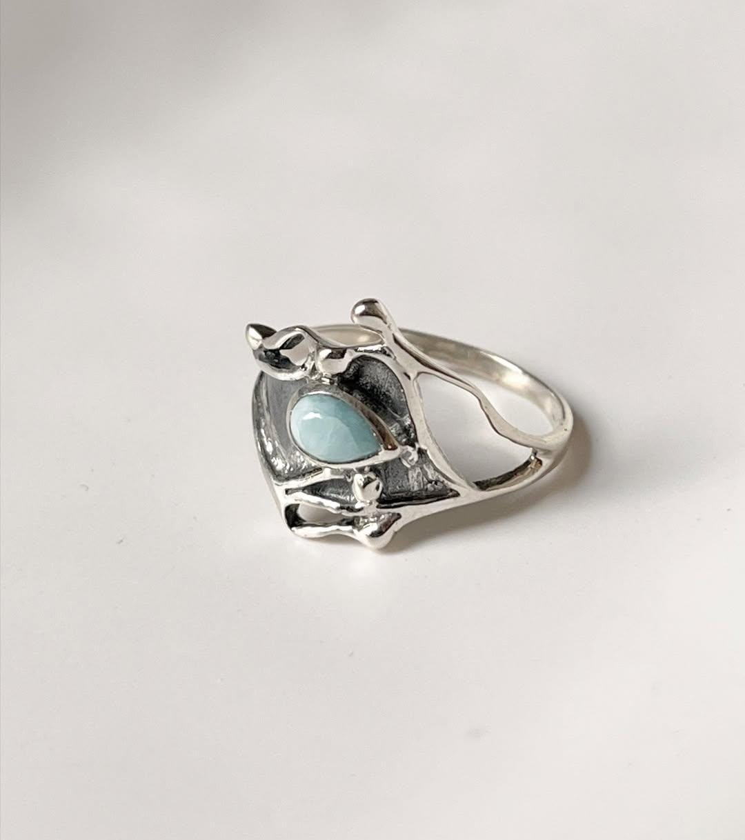 Handcrafted Larimar Molten Drip Silver Ring with Elegant Detail